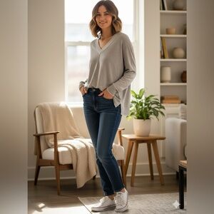 LANDS’ END 100% Cotton Women’s Grey Vee Neck Long Sleeve Sweater Unisex US Sz S